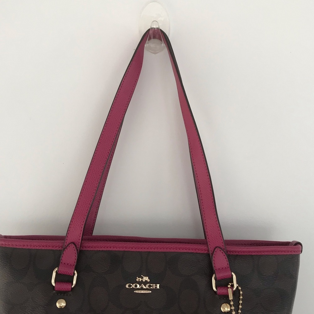 Coach City Tote Bag in Signature Coated Canvas with magenta leather accents - Picture 6 of 16